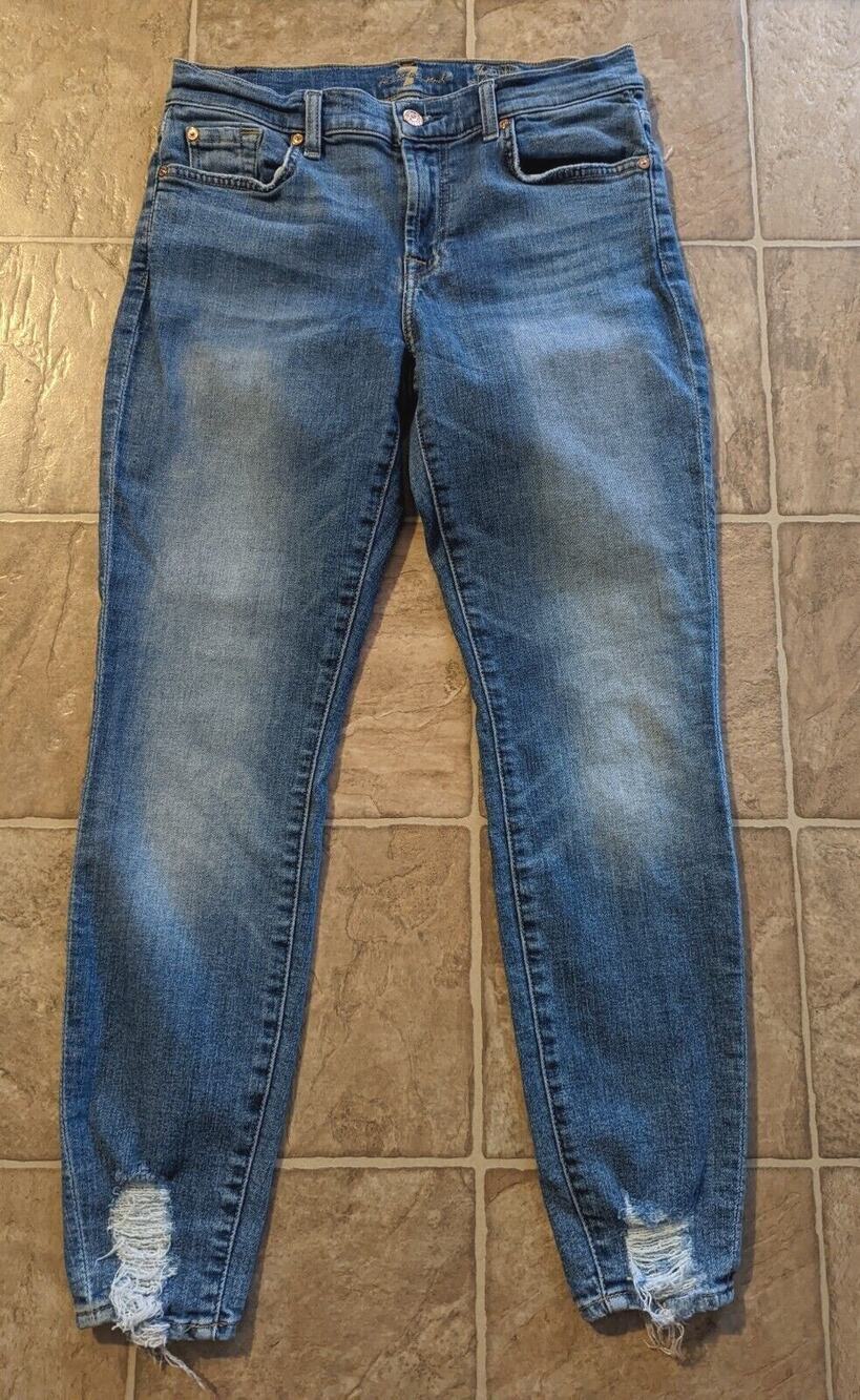 7 For All Mankind women sz 28 The Ankle Skinny Jeans distressed stretchy 2295